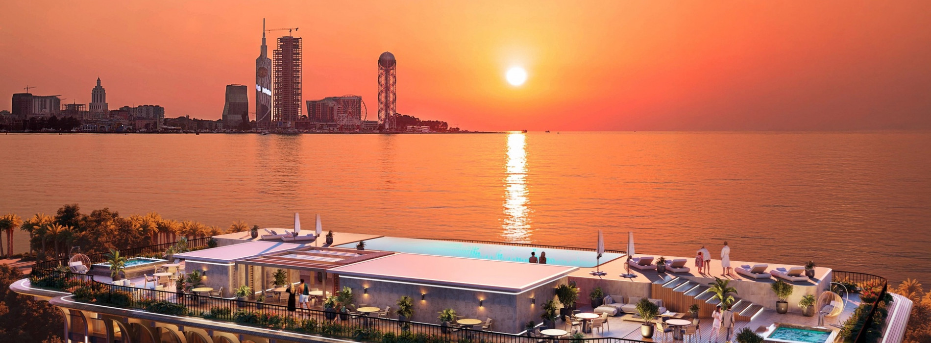Luxusný apartmán s výhľadom na more v exkluzívnom hoteli v meste Batumi, bazén na streche hotela