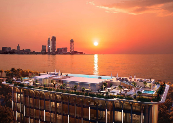 Luxusný apartmán s výhľadom na more v exkluzívnom hoteli v meste Batumi, bazén na streche hotela